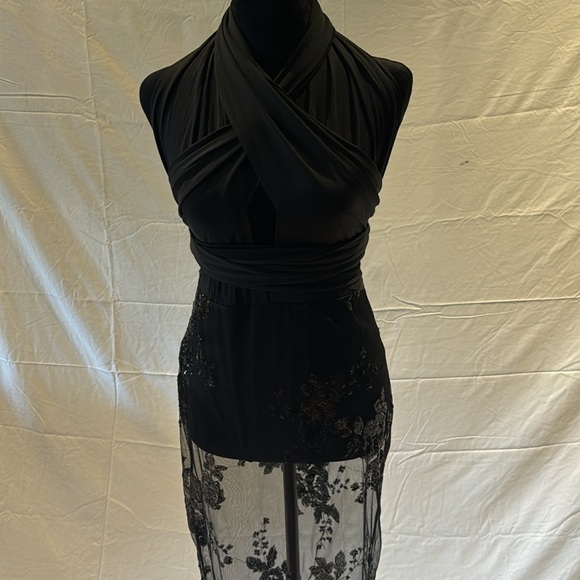 NWOT Sexy Black Dress Floral Printed Mesh Patchwork Bodycon Dress - Picture 12 of 14